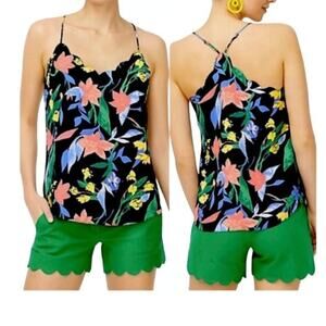 J. Crew Sleeveless Tropical Floral Scalloped Cami Adjustable Straps Top 4 Black